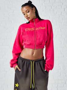SUMWON WOMEN Cropped Full-Zip Sweatshirt With Script Chest Embroidery High Neck Long Sleeve Ribbed Hem Casual Streetwear Top - Burgundy - View 3
