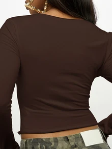 SUMWON WOMEN Long Sleeve Crop Top With Number 89 Varsity Graphic Print Square Neckline Fitted Midriff Baring Style Fall Essential - Brown - View 7