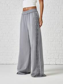 SUMWON WOMEN Oversized Wide Leg Casual Pants With Side Rhinestone Stud Trim Elastic Waist Full Length Palazzo Style Trousers Summer Festival Party - Grey - View 2