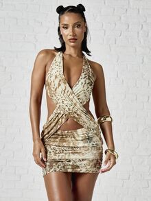 SUMWON WOMEN Gaun Mini Bodycon Model Halter Neck dengan Potongan V Dalam dan Detail Kerutan di Pinggang, Motif Hewan Campuran, untuk Pesta Malam Musim Panas - MultiWarna - View 1