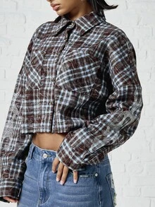 SUMWON WOMEN Cropped Oversized Plaid Flannel Shirt With Rhinestone Flame Sleeve Detail Button-Down Collared Top Fall Winter Festival - Multicolor - View 4