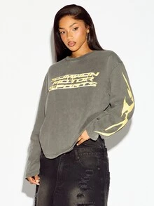 SUMWON WOMEN Motor Sports Washed Oversized Crop Long Sleeve Tee With Flame Sleeve Print And Racing Number Back Graphic - Black - View 1