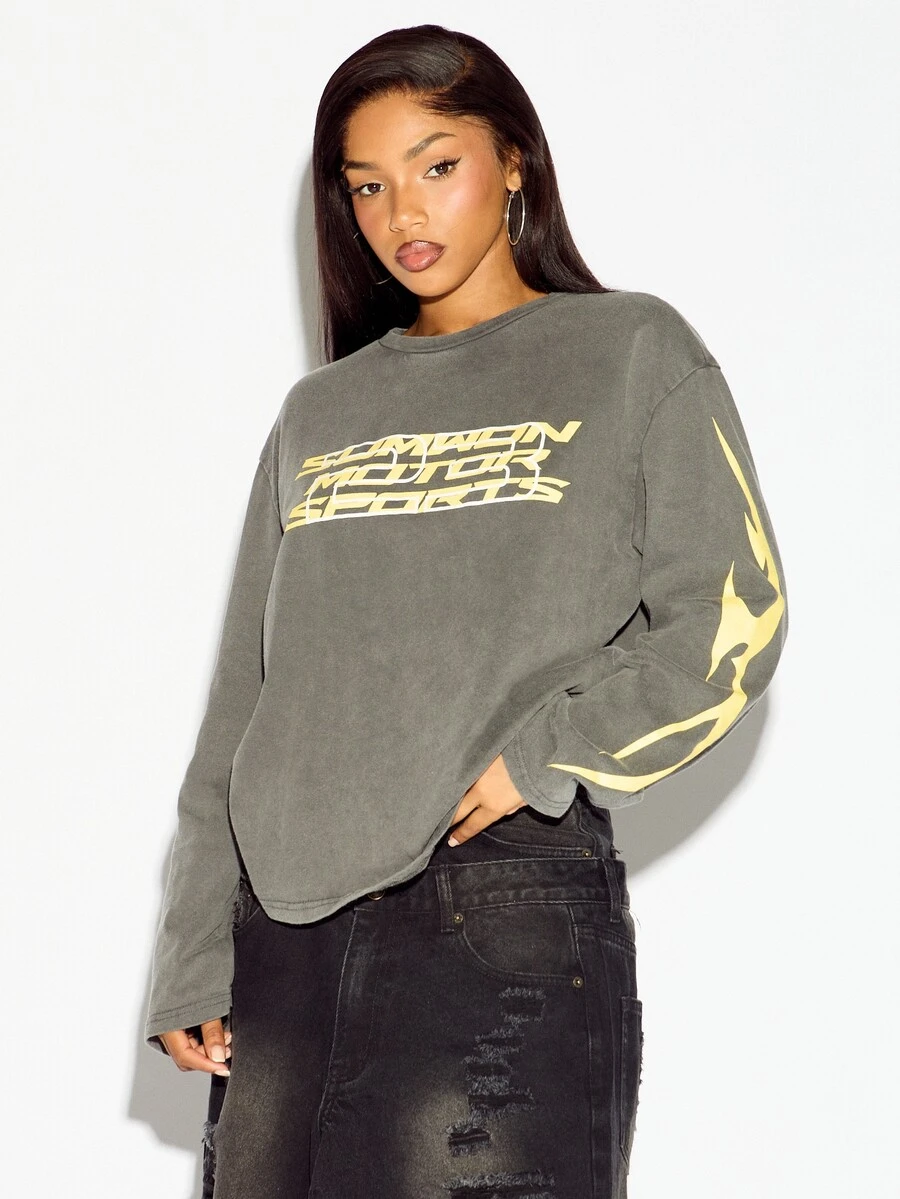 SUMWON WOMEN Motor Sports Washed Oversized Crop Long Sleeve Tee With Flame Sleeve Print And Racing Number Back Graphic - Black - View 1