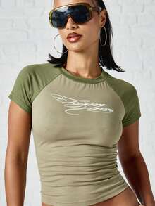 SUMWON WOMEN Two-Tone Raglan Crop T-Shirt With Cursive Script Chest Print Color Block Short Sleeve Fitted Slim Fit Tee Summer Festival Top - Green - View 3