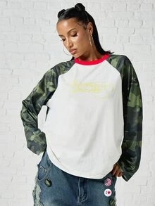 SUMWON WOMEN Oversized Camo Raglan Long Sleeve Top With Red Ringer Neckline And Mesh Sleeves Featuring Script Chest Logo Print - Multicolor - View 3