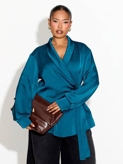 FASHION SZN Plus Size Satin Shawl Collar Side Tie Blouse Chic Elegant Classy Date Night Evening Wear Trending Teal Colour Autumn Winter Fashion Curve Blouse Fall Fashion For Women