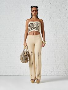 SUMWON WOMEN Distressed Knit Flared Trousers Low Rise Full Length Ripped Cut-Out Detail Casual Wide Bottom Pants Summer Festival Style - Beige - View 4
