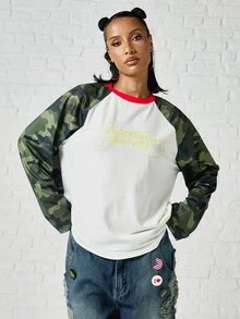 SUMWON WOMEN Oversized Camo Raglan Long Sleeve Top With Red Ringer Neckline And Mesh Sleeves Featuring Script Chest Logo Print - Multicolor - View 1