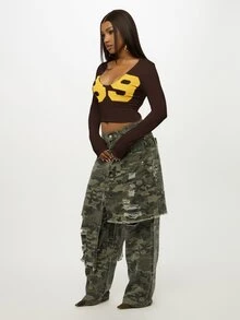 SUMWON WOMEN Long Sleeve Crop Top With Number 89 Varsity Graphic Print Square Neckline Fitted Midriff Baring Style Fall Essential - Brown - View 5