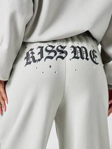 SUMWON WOMEN Oversized Wide Leg High Rise Sweatpants With Gothic Text Waistband And Rhinestone Detail Fall Winter Casual Fleece Pants - Grey - View 6