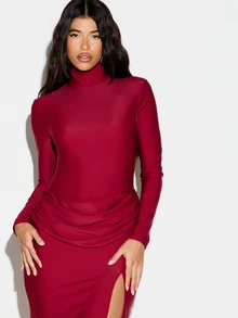 KIZN Turtleneck Maxi Dress Long Sleeve Ruched Waist Mermaid Silhouette High Slit Bodycon Evening Formal Gown Holiday Party - Burgundy - View 2