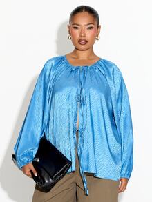 FASHION SZN ملابس علوية ساتان برباط أمامي مقاس كبير، توب ساتان جاكار باللون الأزرق المائي، ملابس أنيقة وراقية وعصرية للعمل، قصة فضفاضة، أزرق سماوي، موسم جديد خريف وشتاء - الأزرق - مشاهدة 1