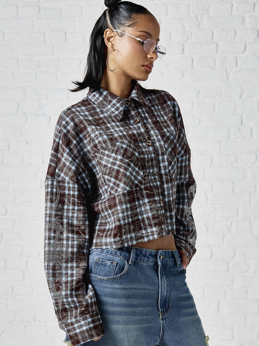 SUMWON WOMEN Cropped Oversized Plaid Flannel Shirt With Rhinestone Flame Sleeve Detail Button-Down Collared Top Fall Winter Festival - Multicolor - View 1
