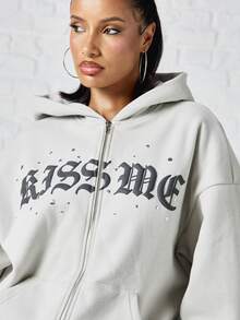 SUMWON WOMEN Boxy Fit Oversized Full Zip Sweatshirt With Gothic Old English Chest Print And Rhinestone Embellishment Long Sleeve Casual Fleece Top - Grey - View 4