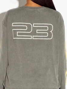 SUMWON WOMEN Motor Sports Washed Oversized Crop Long Sleeve Tee With Flame Sleeve Print And Racing Number Back Graphic - Black - View 5