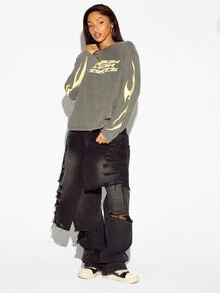 SUMWON WOMEN Motor Sports Washed Oversized Crop Long Sleeve Tee With Flame Sleeve Print And Racing Number Back Graphic - Black - View 3