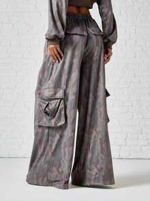 SUMWON WOMEN Oversized Wide Leg Camouflage Sweatpants With Elastic Waist And Side Flap Pockets Satin Finish Full Length Casual Style - Multicolor - View 5