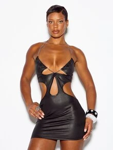 SUMWON WOMEN Black Faux Leather Crocodile Embossed Cut-Out Bodycon Mini Dress With Chain Halter Neck And Keyhole Detail - Black - View 1