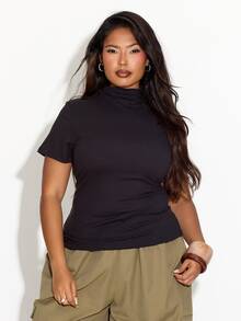 FASHION SZN Plus Size High Neck Casual Top Layering Fall Autumn Winter New Season Trending Essentials Basics Wardrobe Staple Black Top Short Sleeve Funnel Neck - Black - View 6