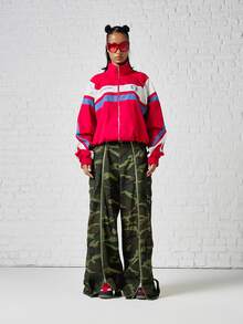 SUMWON WOMEN Winter Layers Oversized Colorblock Windbreaker Jacket Full Zip Stand Collar Elastic Cuffs Lion Logo Outdoor Autumn - Multicolor - View 2