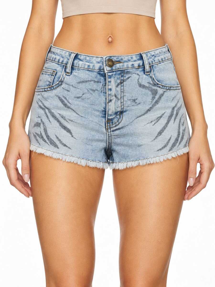 Zerodot Women Light Wash Zebra Stripe Print With Raw Hem Denim Shorts Casual Daily Wardrobe Staples - Light Wash - View 1