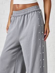 SUMWON WOMEN Oversized Wide Leg Casual Pants With Side Rhinestone Stud Trim Elastic Waist Full Length Palazzo Style Trousers Summer Festival Party - Grey - View 4