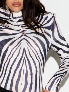 KIZN Zebra Print Turtleneck Long Sleeve Bodysuit Fitted Stretchy One-Piece Top Animal Print Snap Closure Holiday Party - Black and White - View 4
