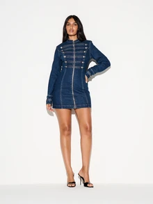 KIZN Dark Wash Denim Mini Dress With Military-Style Gold Buttons Zip Front High Neck Long Sleeve Fitted Bodycon Silhouette Fall Winter Party - Blue - View 3