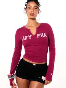 BABYPHAT Logo Ribbed Long Sleeve Crop Top With Notch Neckline And Thumbhole Cuffs Holiday Party Y2K Style - Purple - View 7