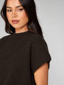 MISSGUIDED Short Sleeve Knit Sweater Top With Mock Neck And Ribbed Hem Cropped Boxy Fit Fall Winter Essential Pullover - Chocolate Brown - View 7
