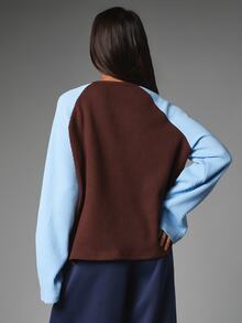 MISSGUIDED Waffle Knit Color Block Raglan Long Sleeve Crew Neck Oversized Top Fall Winter Casual Cozy Pullover - Multicolor - View 2