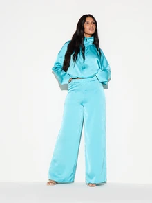 KIZN Satin Wide Leg Palazzo Pants With Elastic Waistband Flowy Full Length Summer Holiday Party Occasion Trousers - Cadet Blue - View 4