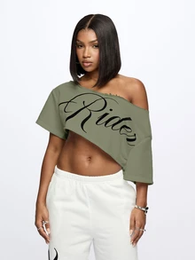 SUMWON WOMEN Asymmetric Cold Shoulder Crop Top With Script Rider Print, Diagonal Hem, Raw Edge, Short Sleeve, Casual Summer Festival Style - Green - View 1