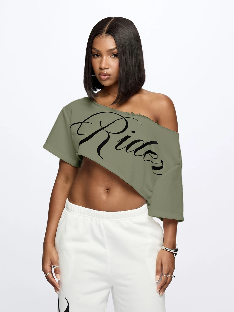 SUMWON WOMEN Asymmetric Cold Shoulder Crop Top With Script Rider Print, Diagonal Hem, Raw Edge, Short Sleeve, Casual Summer Festival Style - Green - View 1