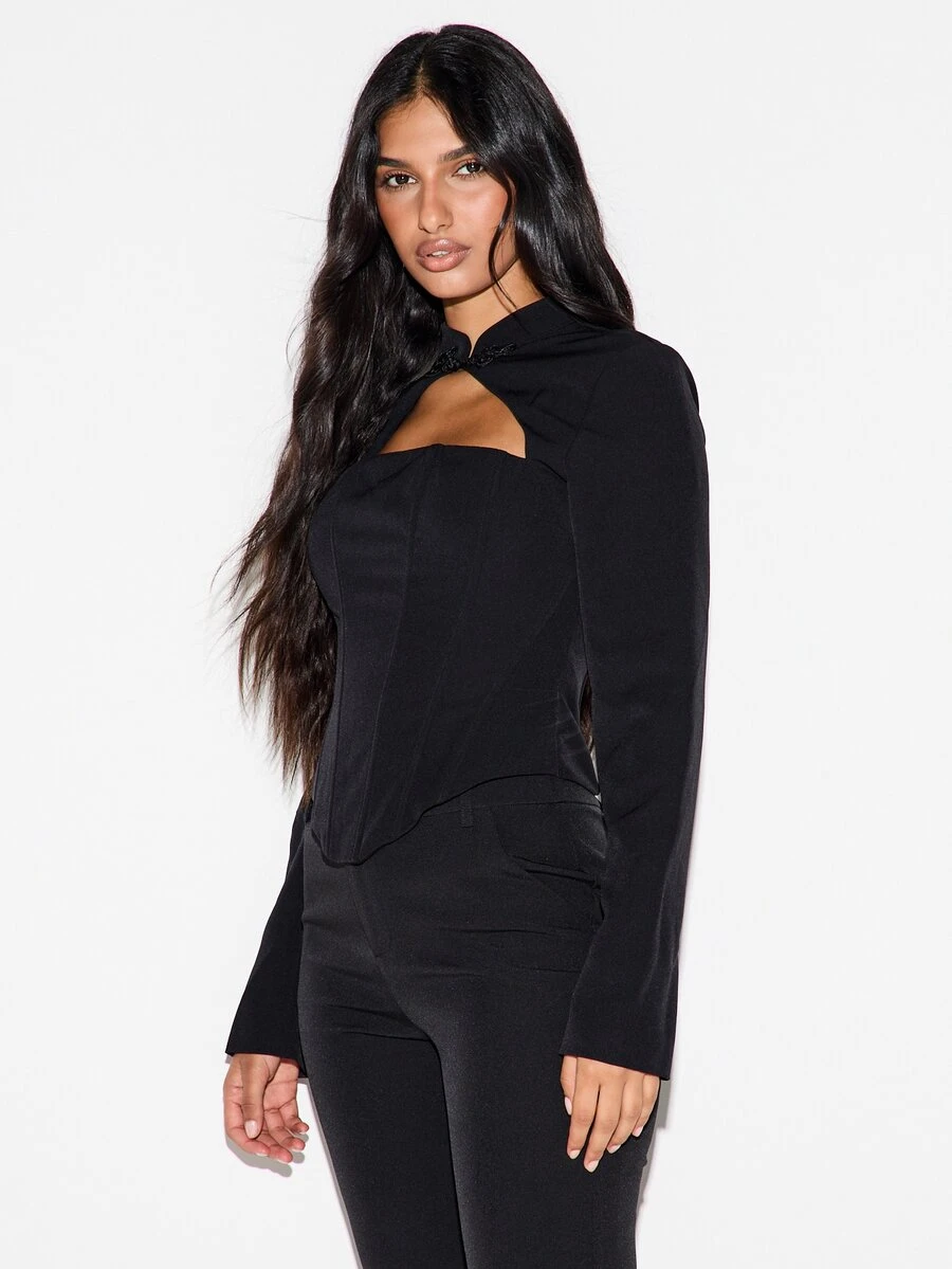KIZN Black Long Sleeve Corset Crop Top With Cut-Out Front High Neck Lace-Up Open Back Structured Boning Panel Detail Party Night Out - Black - View 1