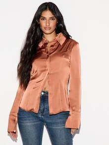 KIZN Kemeja Berkerah Kancing Depan dengan Manset Lebar, Potongan Slim Fit, Bahan Satin, Cocok untuk Pesta Liburan, Acara Malam Hari - Rust Brown - View 4