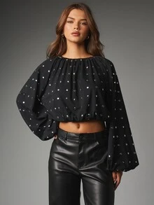 MISSGUIDED Blusa corta con adornos de discos de espejo, mangas largas abullonadas, cuello barco y bajo elástico, top para fiesta y noche - Negro - Ver 1