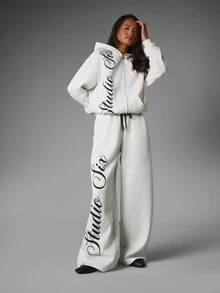 MISSGUIDED Oversized Six Script Logo Wide Leg Sweatpants With Elastic Drawstring Waist Full Length Palazzo Fleece Lounge Trousers Fall Winter Comfort Style - Light Grey - View 5