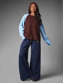 MISSGUIDED Waffle Knit Color Block Raglan Long Sleeve Crew Neck Oversized Top Fall Winter Casual Cozy Pullover - Multicolor - View 5