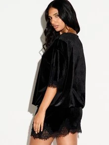 KIZN Velvet Oversized Top With Eyelash Lace Trim Sleeves Boat Neck Boxy Fit Loungewear Party Holiday Night Out - Black - View 3