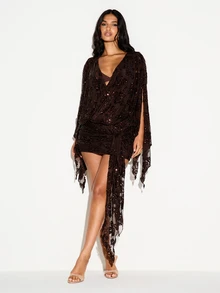 KIZN Sequin Embellished Wrap Mini Dress With Split Cape Sleeves Floral Beaded Sheer Overlay Party Evening Holiday Glam - Multicolor - View 1