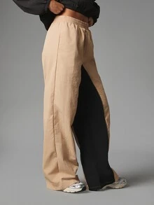 MISSGUIDED Wide Leg Color Block Casual Pants With Elastic Waist Two Tone Contrast Panel Full Length Trousers Summer Festival - Khaki - View 4