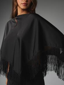 MISSGUIDED Fringe Trim Batwing Sleeve Cape Blouse Boat Neck Oversized Tunic Top Holiday Party Evening Occasion Statement Piece - Black - View 4