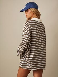 MISSGUIDED Oversized Striped Rugby Polo Long Sleeve Top With Contrast Collar And Button Placket With Shorts Casual Relaxed Fit Spring Summer Outfit - Multicolor - View 2