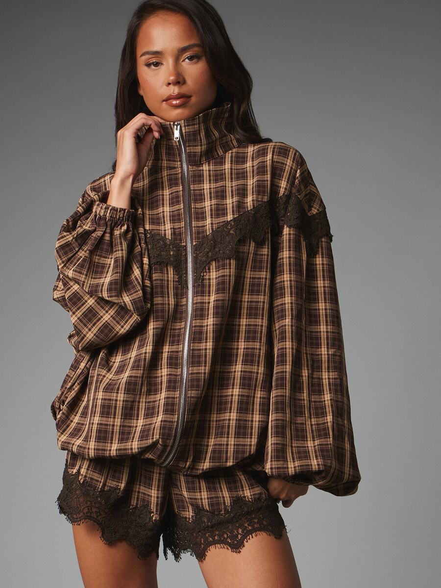 MISSGUIDED Plaid Co-Ord Set Oversized Full-Zip Jacket With Puff Sleeves And Lace Trim Shorts Two Pieces Autumn Winter Outfit - Multicolor - View 1