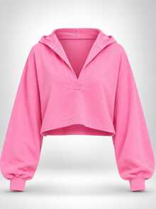 Zerodot Women Pink V-Neck Cropped Hoodie Casual Vacation Fall Pre Fall - Pink - View 8
