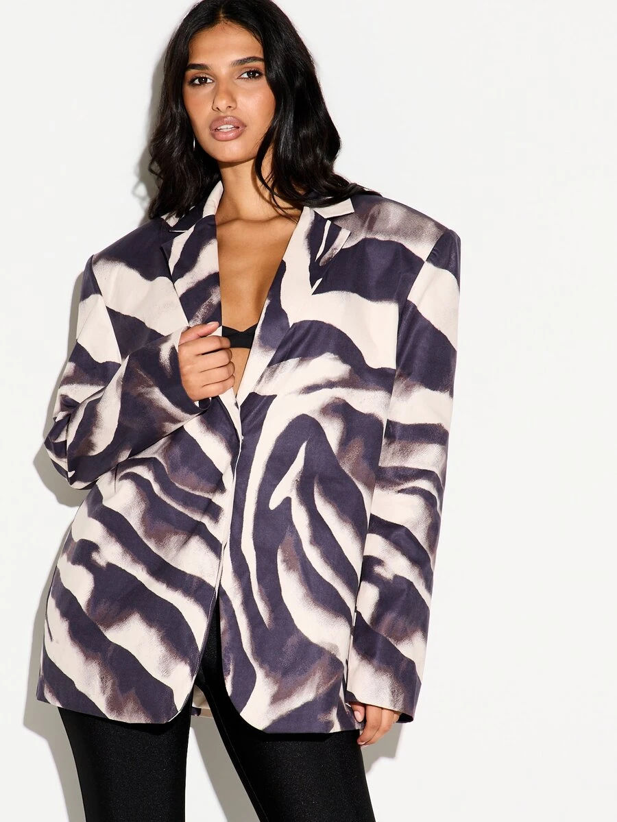 KIZN Blazer Satin Motif Zebra Ukuran Besar dengan Kerah Berlipat, Bagian Depan Terbuka, Lengan Panjang, Jaket Motif Hewan untuk Pesta Malam atau Kantor - MultiWarna - View 1