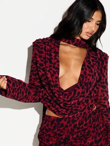 KIZN Deep Red Leopard Print Cowl Neck Cut-Out Crop Top With Bell Sleeves And High Neck Choker Detail For Night Out Party Season - Red and Black - View 5