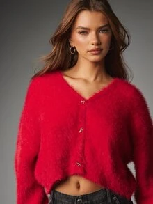 MISSGUIDED Fluffy Eyelash Knit Cropped Cardigan With Gold Bow Buttons V-Neck Long Sleeve Cozy Winter Holiday Festive Sweater - Red - View 5