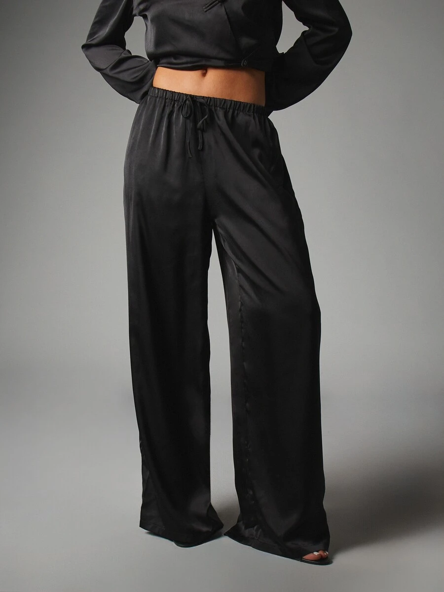 MISSGUIDED Satin Wide Leg Casual Pants With Elastic Drawstring Waist And Side Pockets Full Length Flowy Palazzo Trousers - Black - View 1